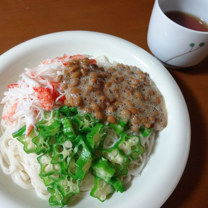 ネバネバ〜納豆とオクラのぶっかけ素麺